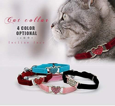 CHUKCHI Pink Soft Velvet Safe Cat Adjustable Collar with Crystal Heart Charm, 8-11 Inches