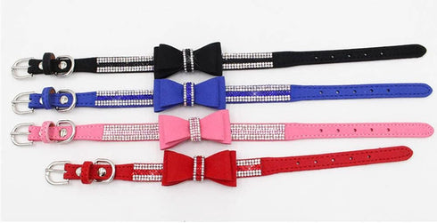 Cute Bling Rhinestone Crystal Dog Collars with Bow Tie for Female Dogs, Pink S