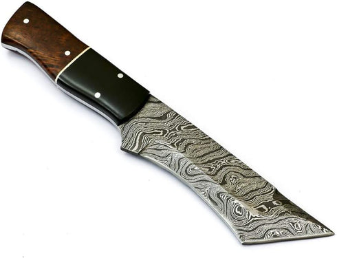 Rare Custom Damascus Tanto Hunting Knife | Best Outdoor Skinning Knife with Rose Wood Handle & Leather Sheath (S-6468)