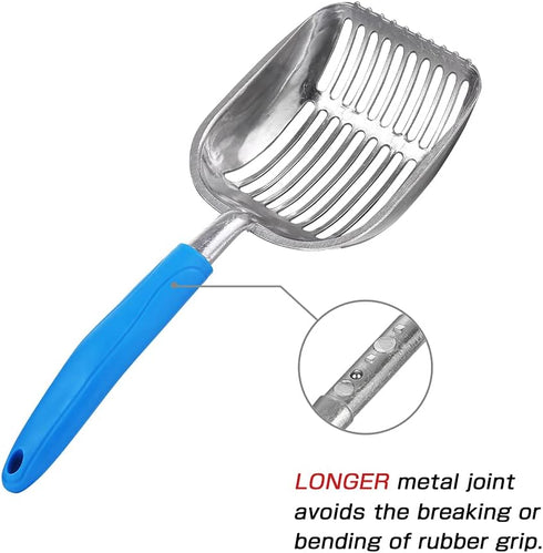 Metal Cat Litter Scoop, POLISHING Blue Handle, Aluminum Alloy with TABS/Round Teeth