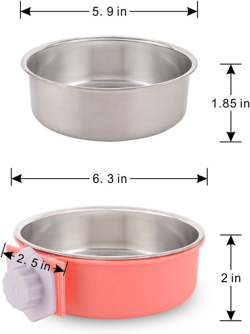 Large Crate Dog Bowl, Removable Stainless Steel Hanging Pet Bowl for Dogs, Cats, Puppies (Pink Orange)
