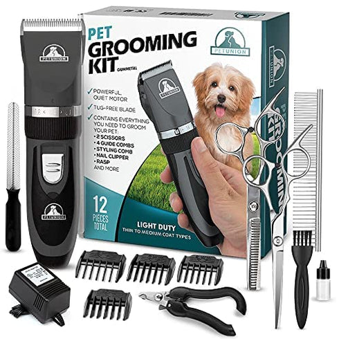 Pet Union Professional Dog Grooming Kit - Cordless Low Noise Clippers for Thick Coats, Includes Nail Trimmer & Shears