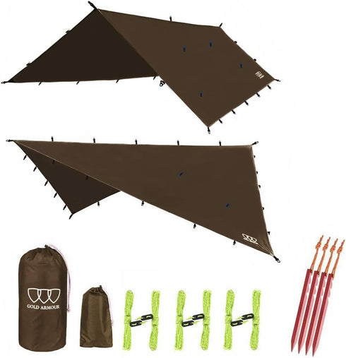 Gold Armour Rainfly Tarp Hammock 14.7ft x 12ft | Premium Waterproof Ultralight Camping Shelter Canopy, Brown