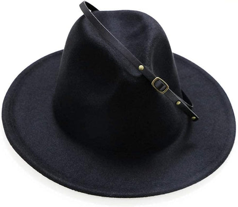 Girls Classic Felt Fedora Hat, Wide Brim Belt-Buckle Panama Hat for Kids 7-15 Years