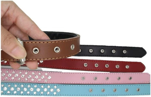 Rhinestones Dog Collar, Adjustable Sparkly Crystal Studded Genuine Leather for Small and Medium Breeds (M, Pink)