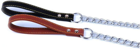 Chain Dog Leash with Leather Handle, 4 Feet Black
