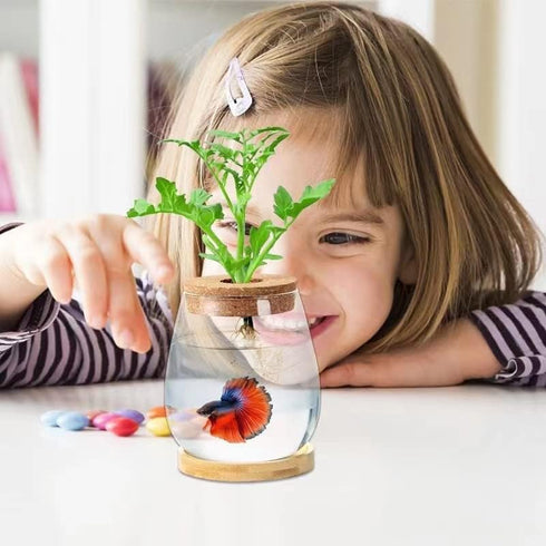 Desktop Fish Bowl, Clear Glass Small Fish Tank with Wood Lid and Bamboo Stand for Betta Fish