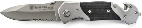 Smith & Wesson SWFRS 8in High Carbon S.S. Folding Knife with 3.3in Drop Point Serrated Blade and S.S. with G-10 Inlay Handle for Outdoor, Tactical, Survival and EDC