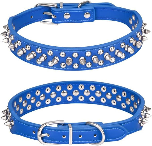 Spiked Dog Collar Soft PU Leather with Rivet Spike Studs, Adjustable Puppy Collars, M Size, Dark Blue