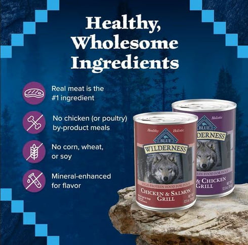 Pack Dogs,Grain-Free,12.5 oz Cans,(Pack 12) Blue Buffalo Wilderness High Protein Beef and Chicken & Salmon and Chicken