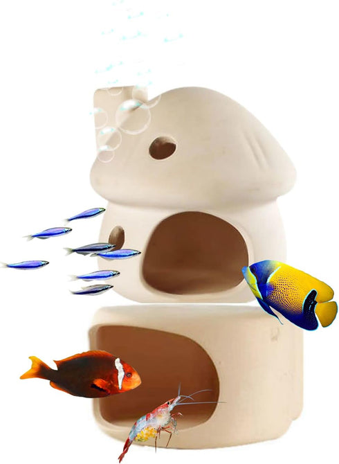 Saim Aquarium Mushroom House with Cave Decorations, Ceramic Cave Fish Tank Accessories for Small Shrimp