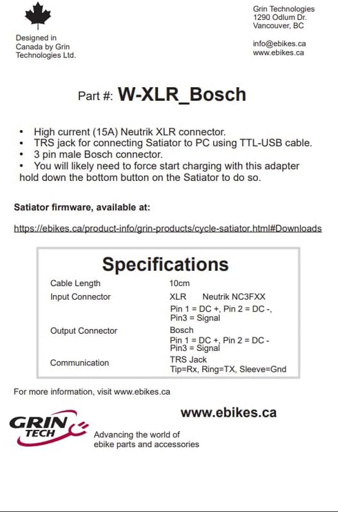 XLR to Bosch Adapter, Compatible with Cycle Satiator Charger
