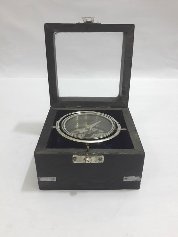 Gimbal Compass Wood/Glass Box, Rustic Vintage Home Decor Gifts