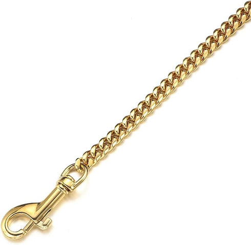 Gold Dog Chain Leash, Stainless Steel Metal Chain, 10mm/14mm Curb Cuban Link, 3FT 4FT 5FT with Genuine Leather Handle