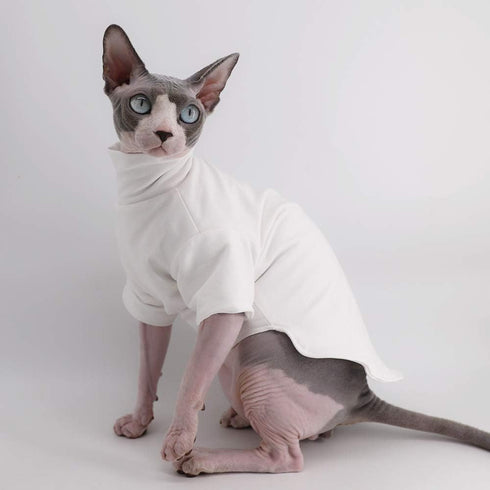 Winter Thick Cotton T-Shirts for Sphynx Cats, Double-Layer Pullover Kitten Shirts with Sleeves, White (M 5.5-7.1 lbs)