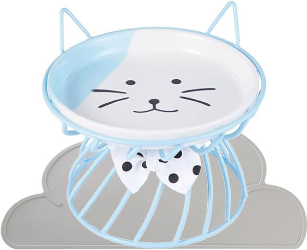 Raised Cat Food Bowls Ceramic with Metal Stand, Elevated Feeding Bowl with Non-Slip Mat for Cats and Small Dogs