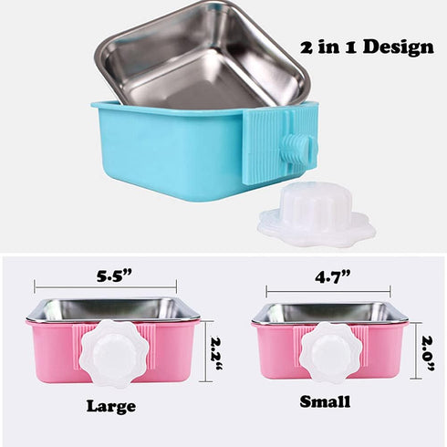 Love Dream Crate Dog Cat Bowls, Removable Stainless Steel Hanging Pet Cage Bowls, Large Blue
