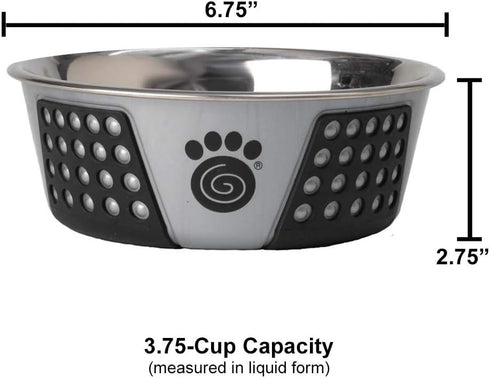 PetRageous Fiji Stainless Steel Non-Slip Dog Bowl 3.75-Cup Capacity, Light Grey and Black