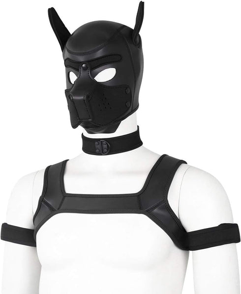 Set Adults Neoprene Puppy Hood Custom Animal Head Mask Novelty Costume Dog Hood Mask,Collar,Armband and Harness (Black)