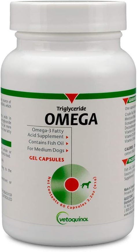 Vetoquinol Triglyceride Omega Dog Supplement Capsules, Medium-Breed, 30-60 lbs, 60ct