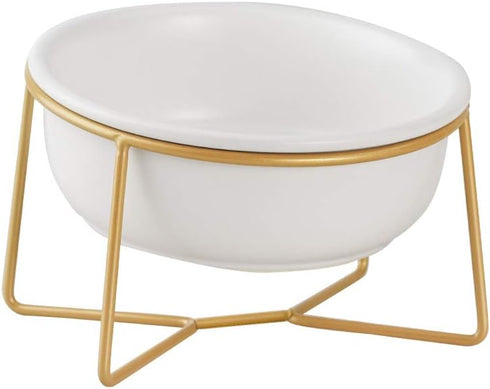 White Small Ceramic Tilted Elevated Cat Dog Bowl, Raised Food Water Dish with Gold Iron Stand for Pet Comfort