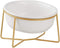White Small Ceramic Tilted Elevated Cat Dog Bowl, Raised Food Water Dish with Gold Iron Stand for Pet Comfort