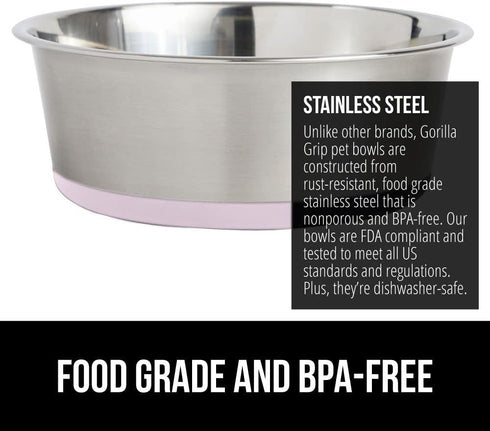 Gorilla Grip Stainless Steel Dog Bowl Set of 2, Heavy Duty Feeding Dishes, Holds 6 Cups (48 fl oz), Lt Pink