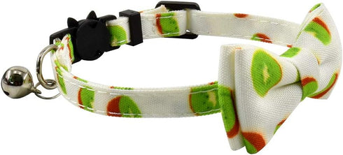 Cat Collar Bow Tie with Bell, Breakaway Kitten Collar, Cool Fruits Design, Adjustable 7.5-11in (Kiwi)
