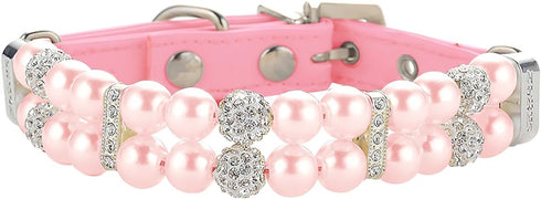 KUDES Small Dog Cat Pearl Collars with Crystal Rhinestone Diamond Décor, Adjustable Fashion PU Leather for Small Pets