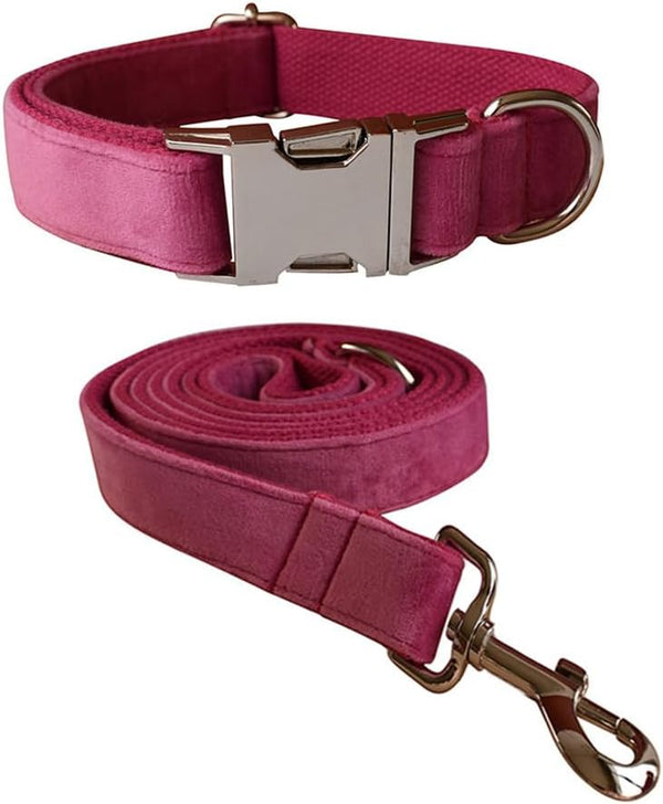 Soft Velvet Dog Collar and Leash Set, Heavy Duty Metal Buckle Adjustable Durable Pet Collars for Small Medium Large