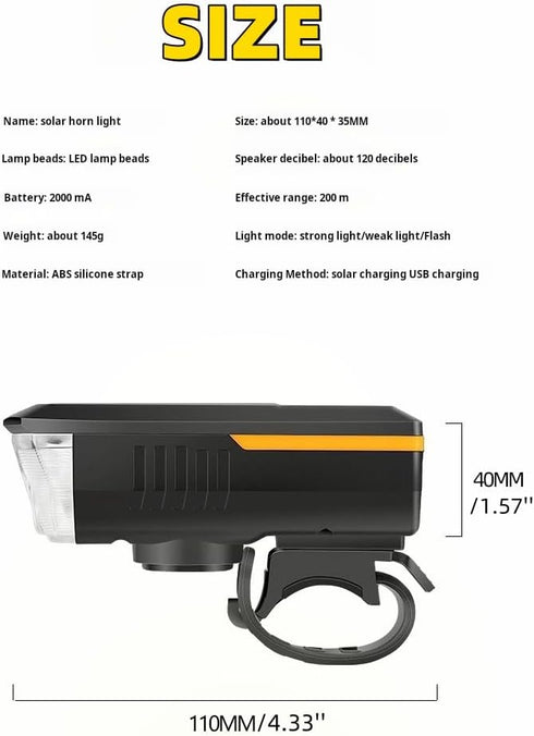 Multi-Functional Solar-Powered USB Rechargeable Mountain Bike Night Cycling Light and 120dB Horn