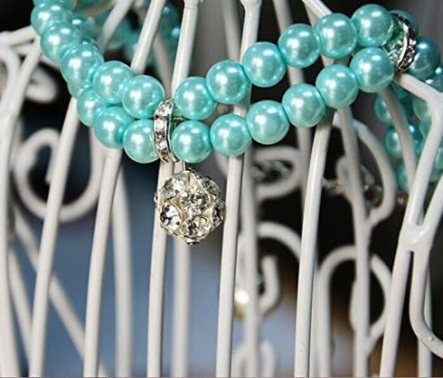 Luxury 2 Row Pearls Rhinestones Pet Necklace Collar Jewelry with Bling Crystal Ball Charm for Small Dogs, Cats (Blue,