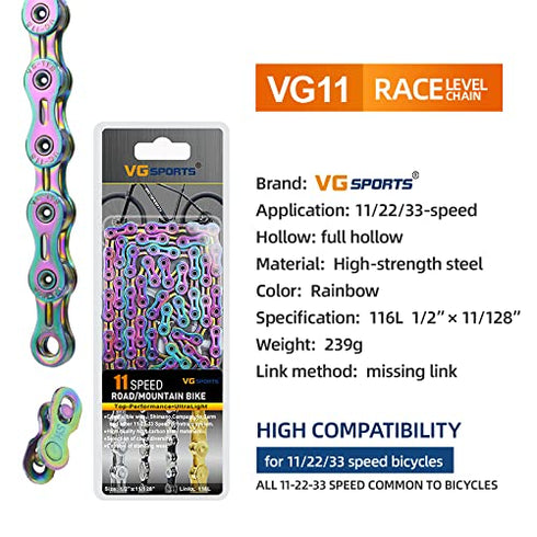 VG SPORTS Bike Chains | 6/7/8/9/10/11 Speed | Lightweight Half Hollow/Full Hollow Chains, 116 Links
