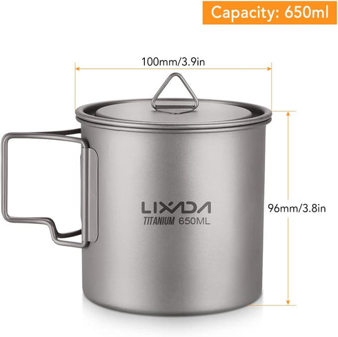 Lixada Titanium Pot, Lightweight Camping Pot, Titanium Cup, Backpacking Pot with Portable Handles