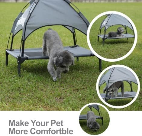 Small Elevated Dog Bed with Canopy, Upgraded 30IN Outdoor Raised Dog Cot Bed with Removable Shade Tent, Gray (S Size)