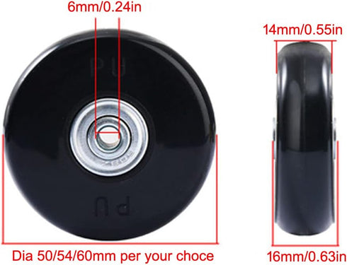 Set of 2pcs 54mm Mute Wear-Resistant Luggage Suitcase Replacement Wheels Kit, Rubber Swivel Caster Wheels.