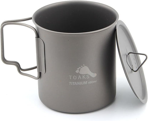 TOAKS Titanium Camping Cup, 450ml with Lid – Compact, Foldable Handle, Rustproof and Durable