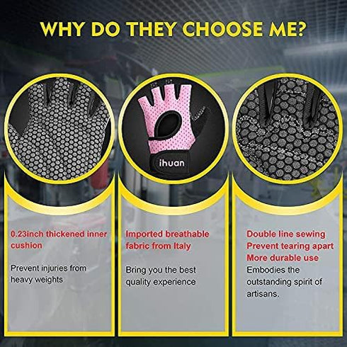 ihuan Breathable Weight Lifting Workout Gym Gloves: Fingerless Exercise Wrist Support | Enhance Palm Protection | Extra