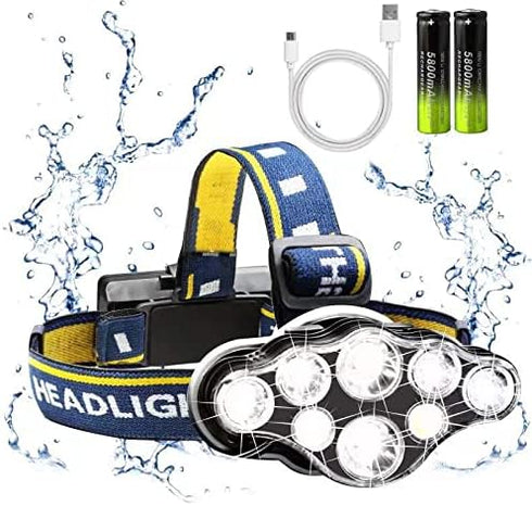 Rechargeable Headlamp, 8 LED 18000lm IPX4, Red Light Flashlight, USB Cable, 8 Modes for Outdoors Camping