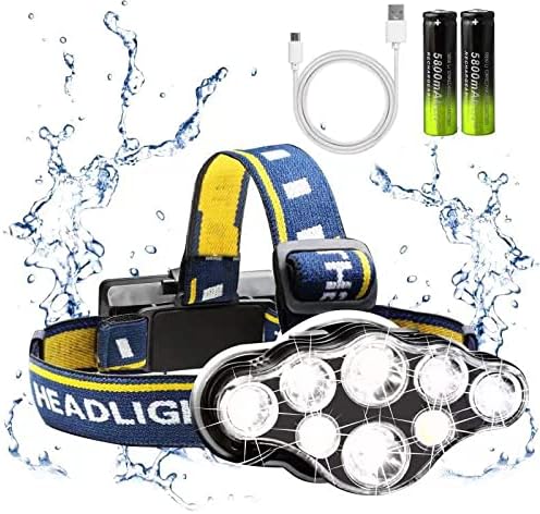 Rechargeable Headlamp, 8 LED 18000lm IPX4, Red Light Flashlight, USB Cable, 8 Modes for Outdoors Camping