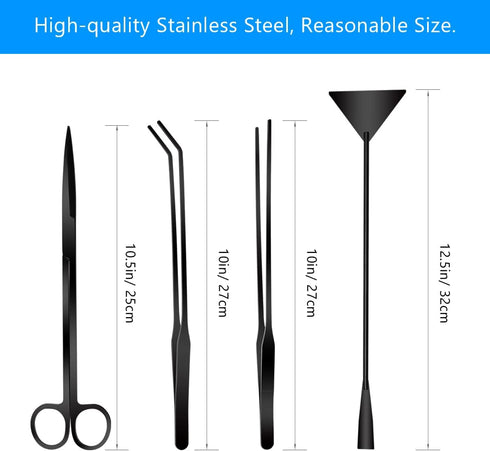 Aquarium Aquascape Tools Kit, 4 in 1 Anti-Rust Aquatic Plant Aquascaping Tool Stainless Steel Black Tweezers Scissors Spatula for Aquarium Tank Clean Fish Tank Aquascape Tools Sets (Black)