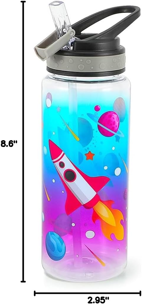 Home Tune 23oz Kids Water Bottle for School, BPA FREE, Leak Proof Flip Straw, Easy Clean - Rocket