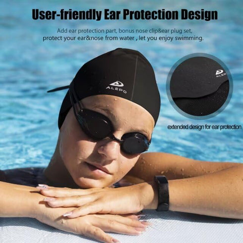 Women's Swim Cap for Long Hair, High Elasticity Thick Silicone Bathing Caps with Ear Plugs and Nose Clip