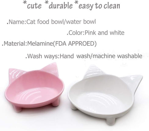 Cat Bowls Set of 2, BPA Free Melamine, Double Wide Dish, Non-Slip, Dishwasher Safe, White/Pink