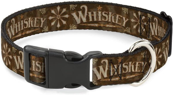 Buckle-Down Pet Collar - Dog Collar Plastic Buckle, Western Whiskey Star with Text Shadow, 15 to 24 Inches
