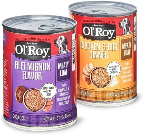 Generic Pack, 13.2 Oz (24 Pack) 100% Ol'~Roys Meaty Loaf Wet Dog Food Variety Filet Mignon Flavor & Chicken & Rice