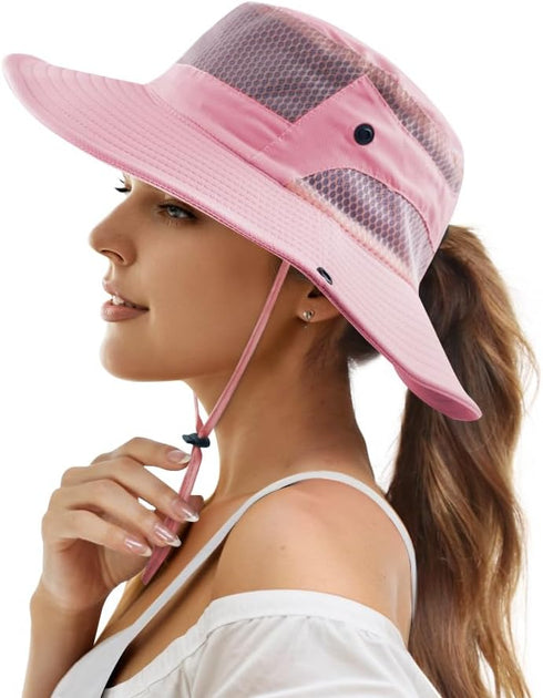 Muryobao Women Ponytail Sun Hat Summer UV Protection Cap, Waterproof Foldable Mesh Wide Brim Bucket Hat