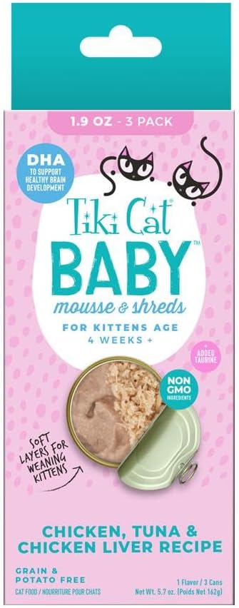 Tiki Cat Baby, Chicken Tuna & Chicken Liver Mousse & Shreds, High-Protein Wet Cat Food for Kittens, 1.9 oz. Cans (Pack