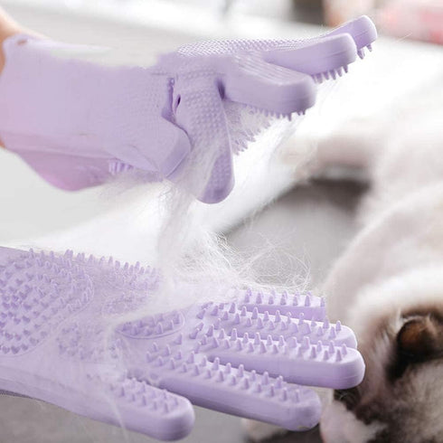 Waterproof Silicone Pet Grooming Gloves - Ambidextrous Scrubber Gloves for Dog Cat Bathing, Hair Removal, Lavender