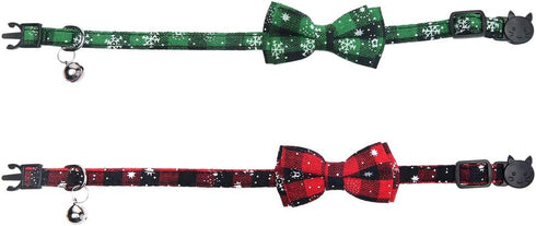 Lamphyface 2 Pack Christmas Cat Collar with Breakaway Bow Tie and Bell, Adjustable Safety Plaid for Kitty